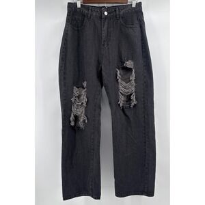 Jessica Jeans Womens Large Distressed Straight Leg High Rise Faded Black Denim